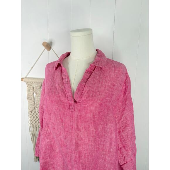 Tahari 100% Linen Tunic Top Plus Size 1X Pink Side Button Hem 3/4 Sleeve - Picture 2 of 9